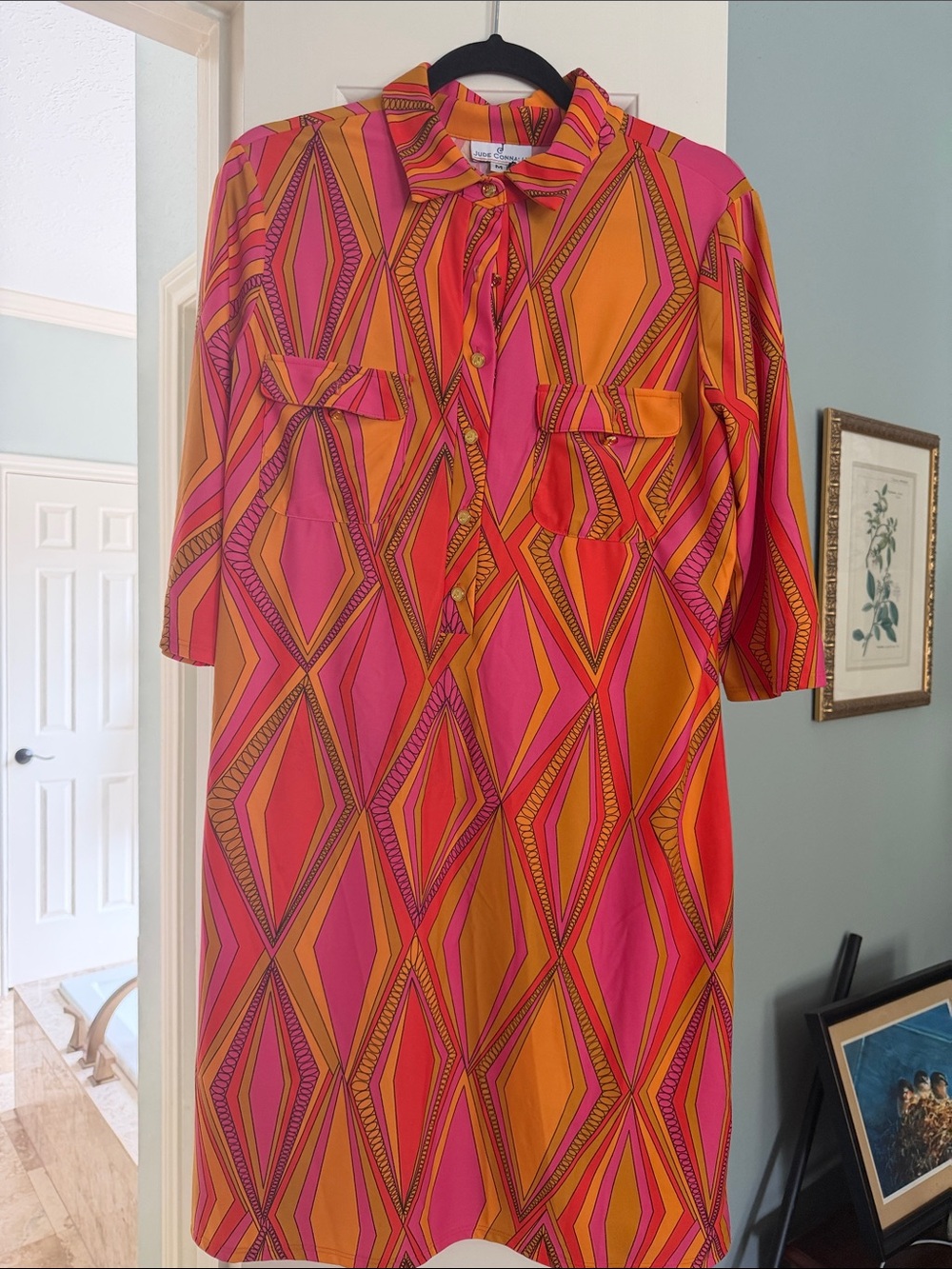 Jude Connally Pink & Orange Geometric Tie-Neck Midi Dress